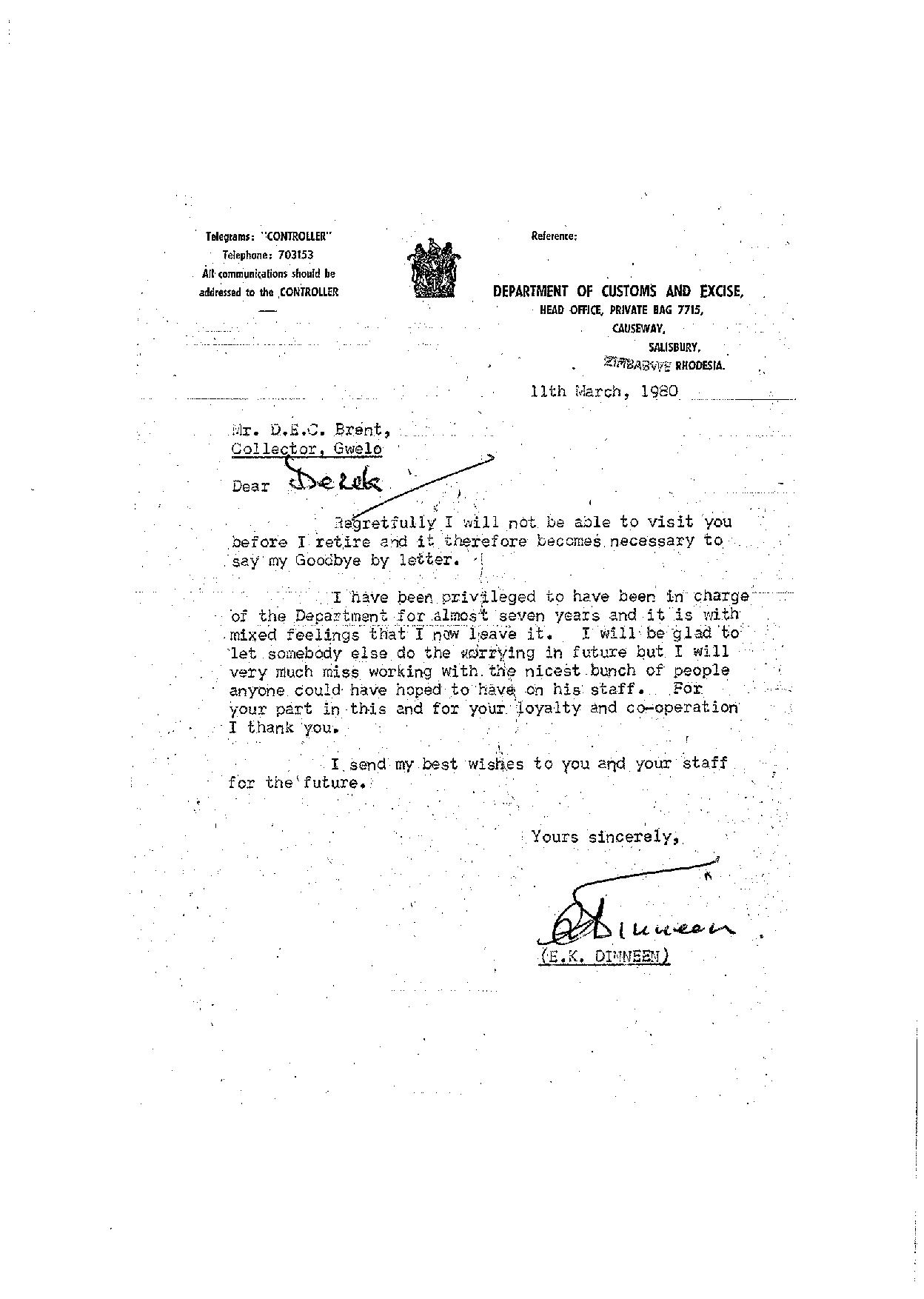 dinneen letter to derek brent